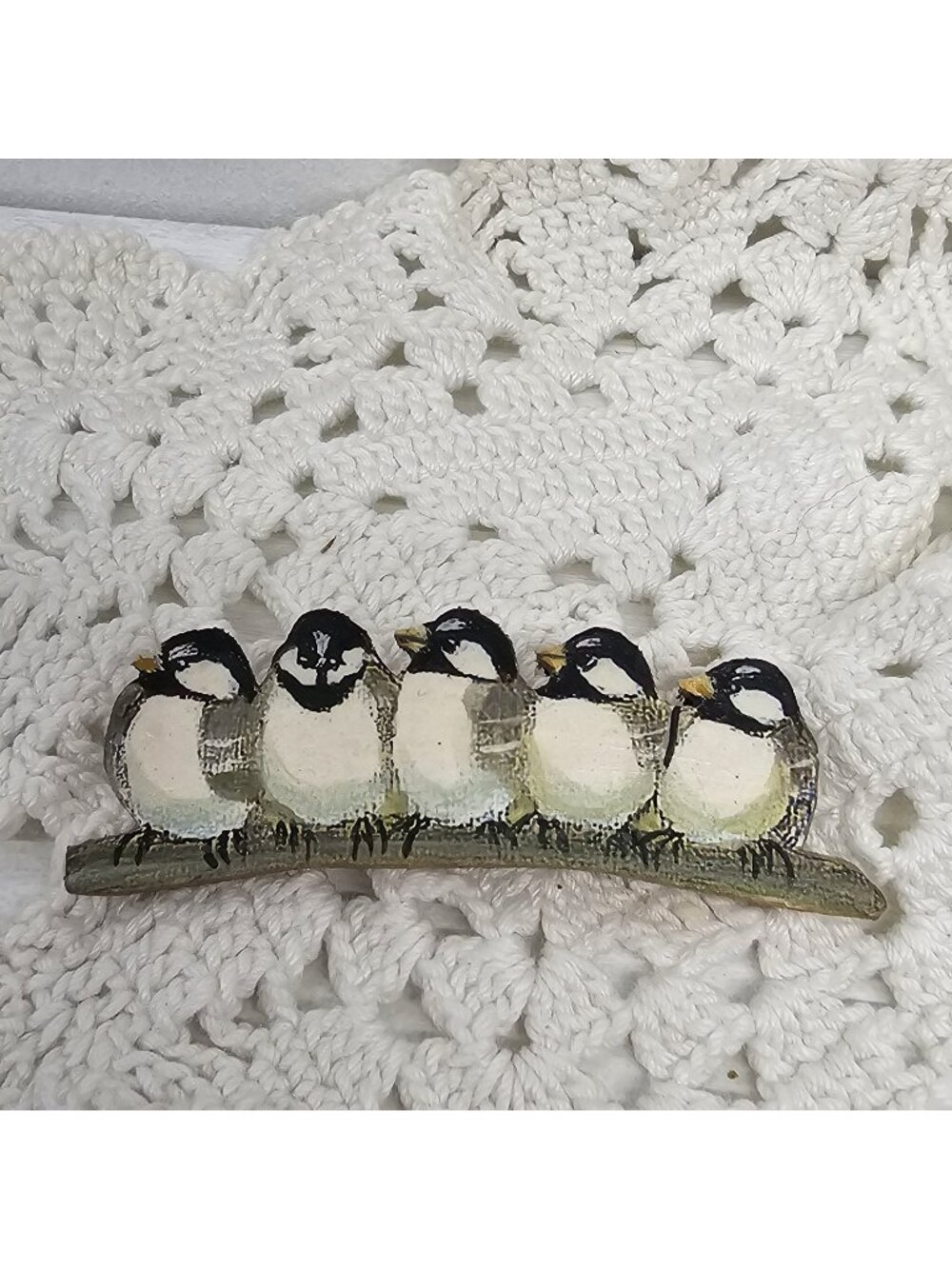 Vintage Webb Signed Hand Painted Wooden Bird Brooch Pin, 5 Chickadees on Branch,
